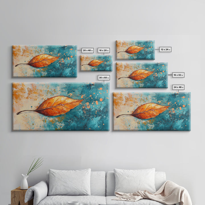 Autumn Leaf, fall painting, teal wall art, botanical prints, moody art, textured painting, gift idea for her, Canvas Print