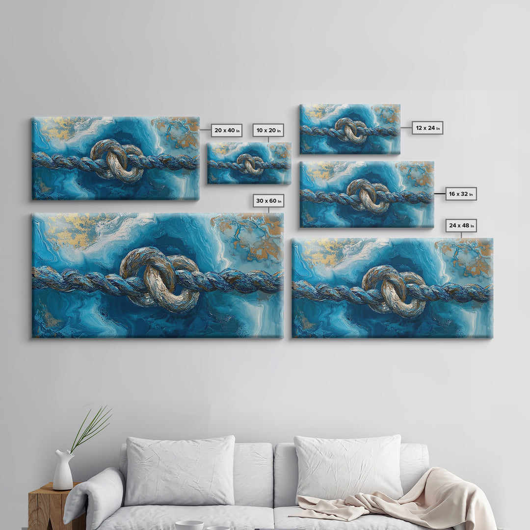 Ocean Rope, nautical decor, blue and gold wall art, coastal painting, seascape painting, horizontal wall art, Framed Canvas Print