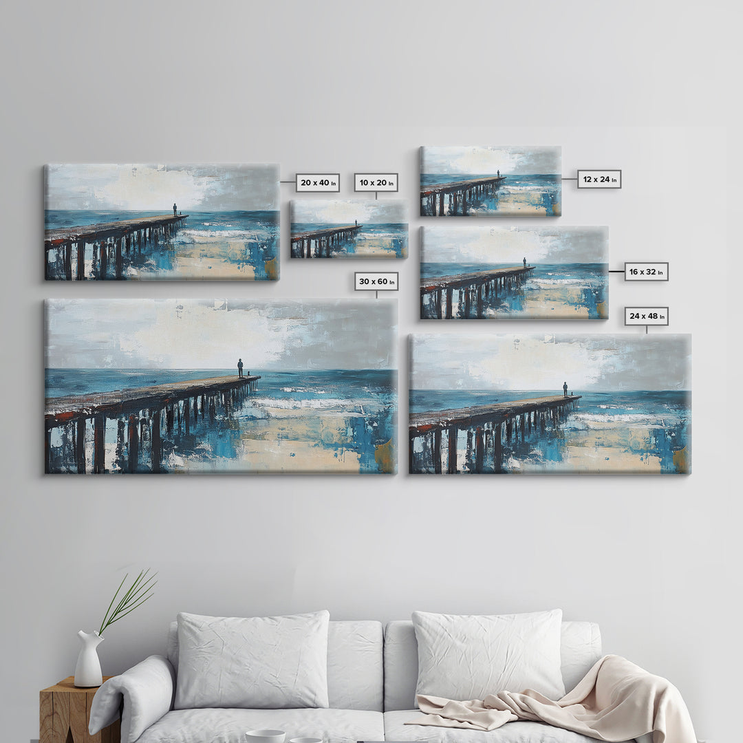 Pier at Dusk, moody art, coastal wall art, ocean painting, nautical painting, wabi sabi art, panoramic art, Canvas Print, seascape