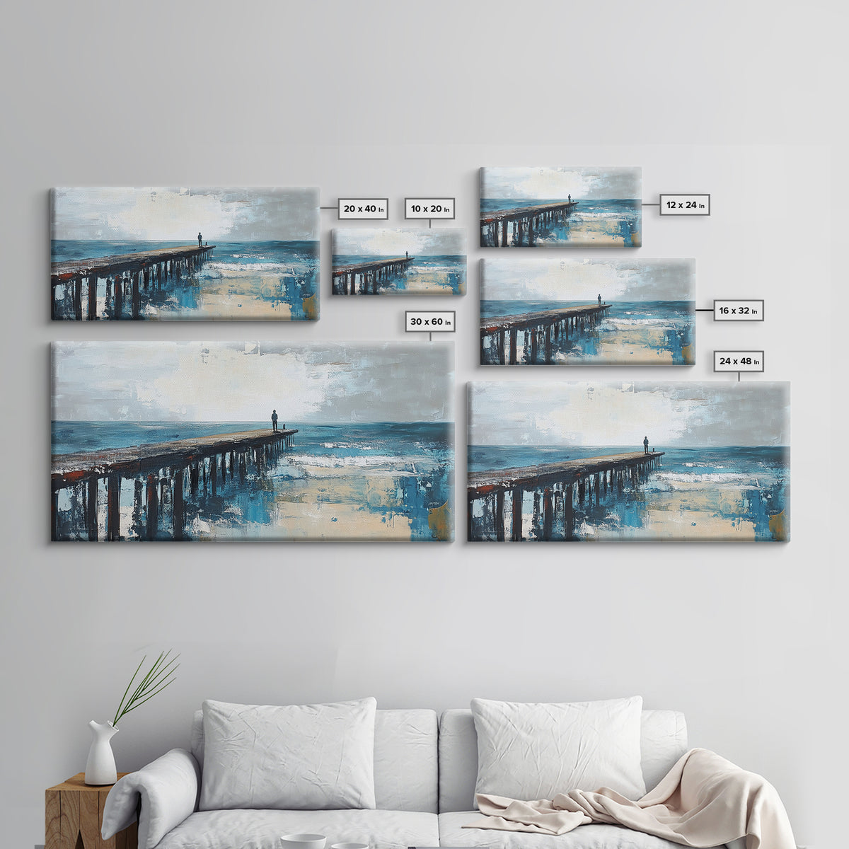 Pier at Dusk, moody art, coastal wall art, ocean painting, nautical painting, wabi sabi art, panoramic art, Canvas Print, seascape