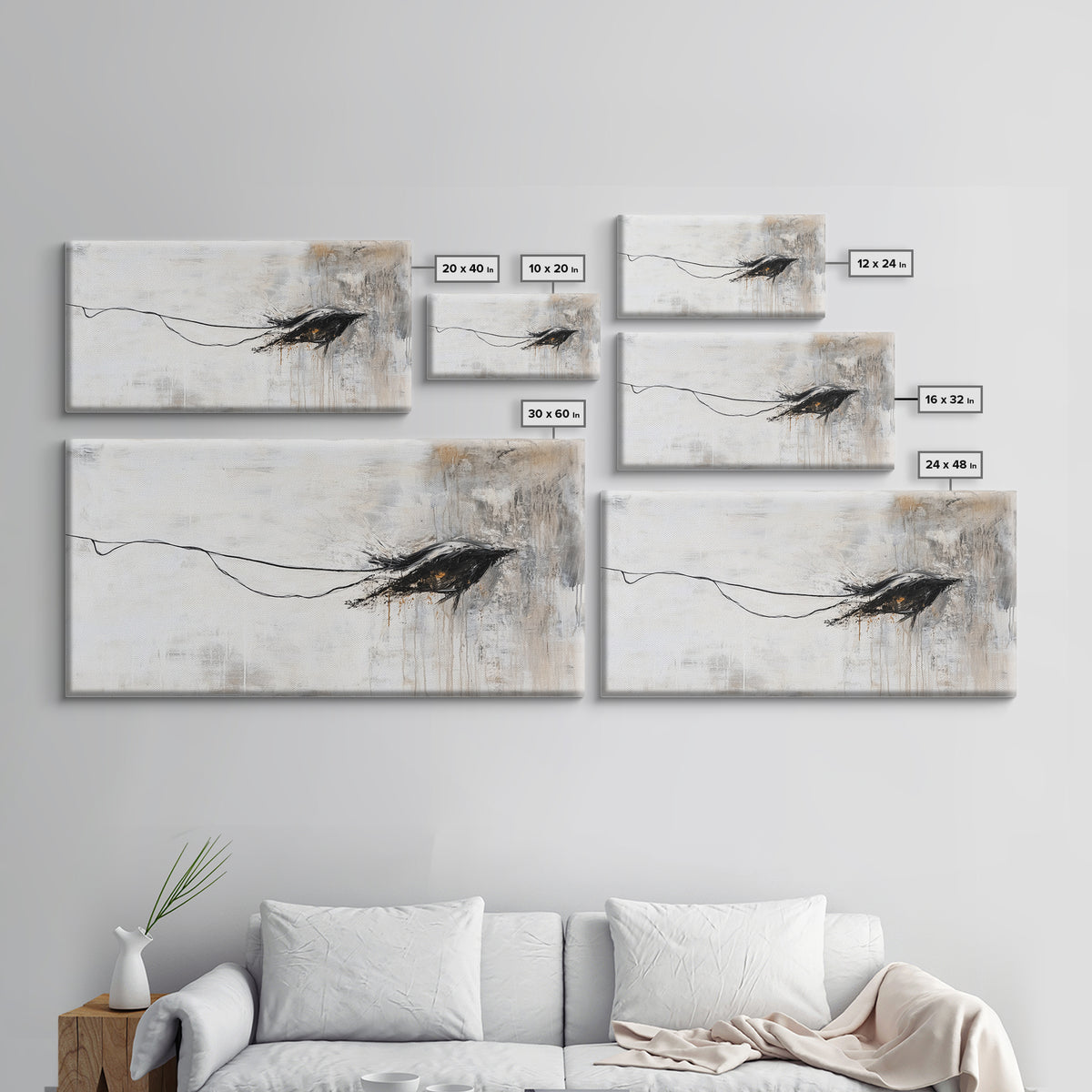 Abstract Crow, dark romance painting, gothic decor, minimalist art, moody art, black and white wall art, Canvas Print, wabi sabi art