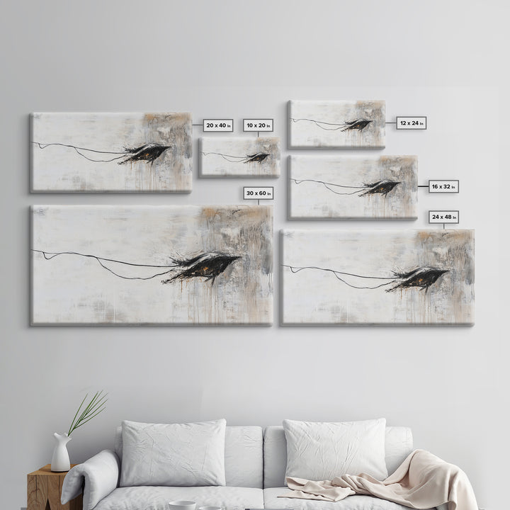 Abstract Crow, dark romance painting, gothic decor, minimalist art, moody art, black and white wall art, Canvas Print, wabi sabi art