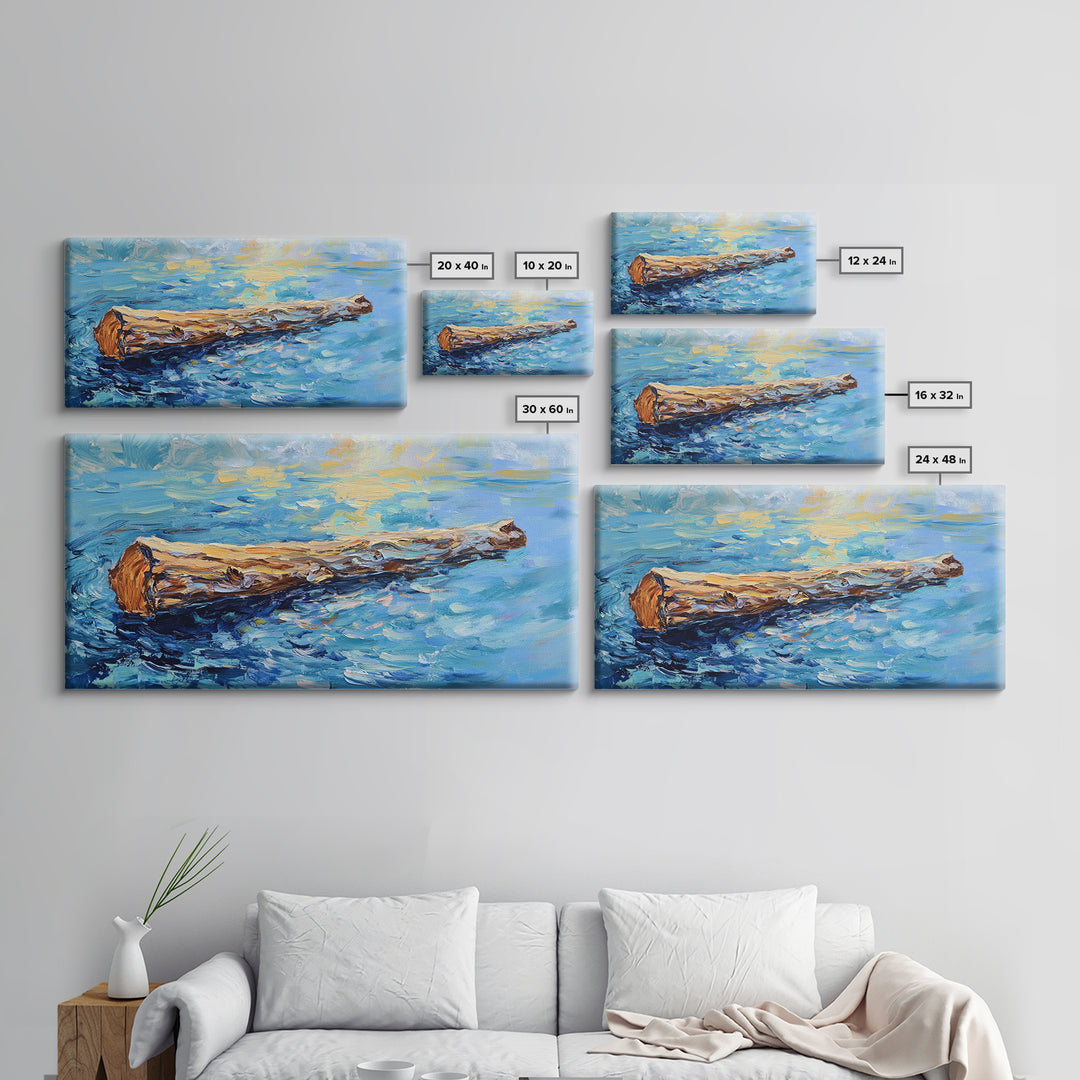 Drifting Log, rustic art, coastal painting, seascape painting, panoramic art, landscape painting, Framed Canvas Print,