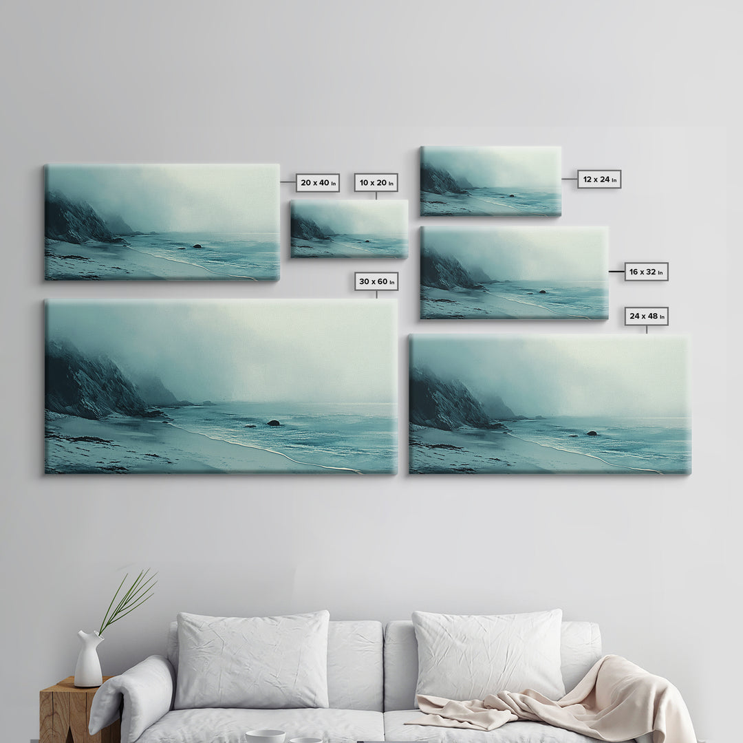 Foggy Beach, coastal decor, nautical painting, moody art, extra wide art, horizontal wall art, Canvas Print, bedroom art