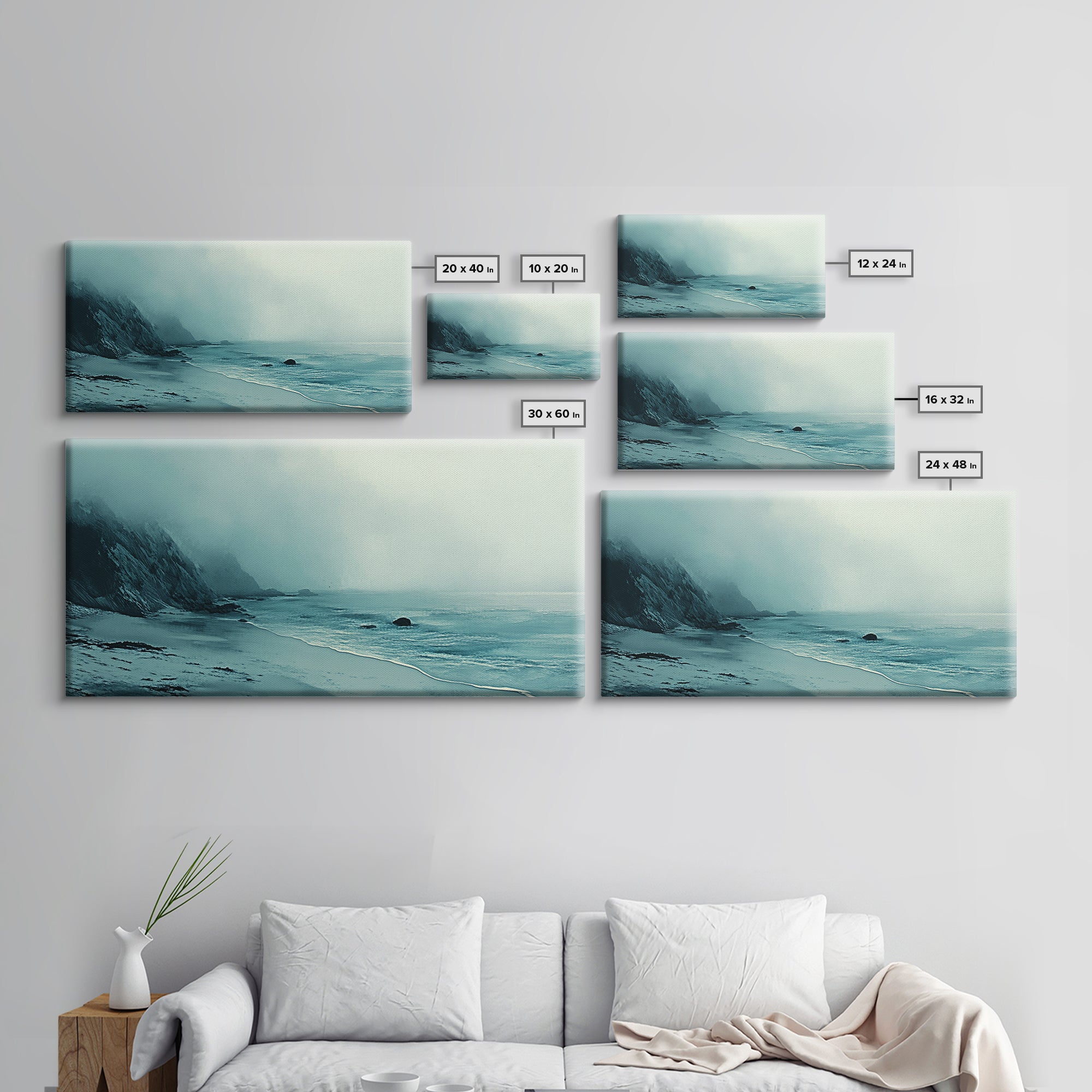 Foggy Beach, coastal decor, nautical painting, moody art, extra wide art, horizontal wall art, Canvas Print, bedroom art