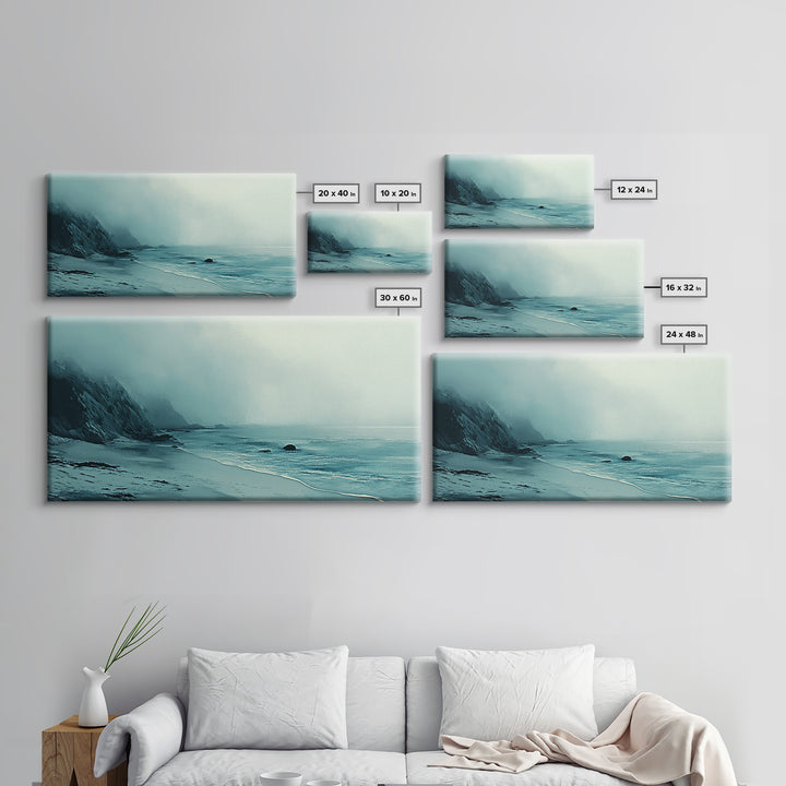 Foggy Beach, coastal decor, nautical painting, moody art, extra wide art, horizontal wall art, Canvas Print, bedroom art