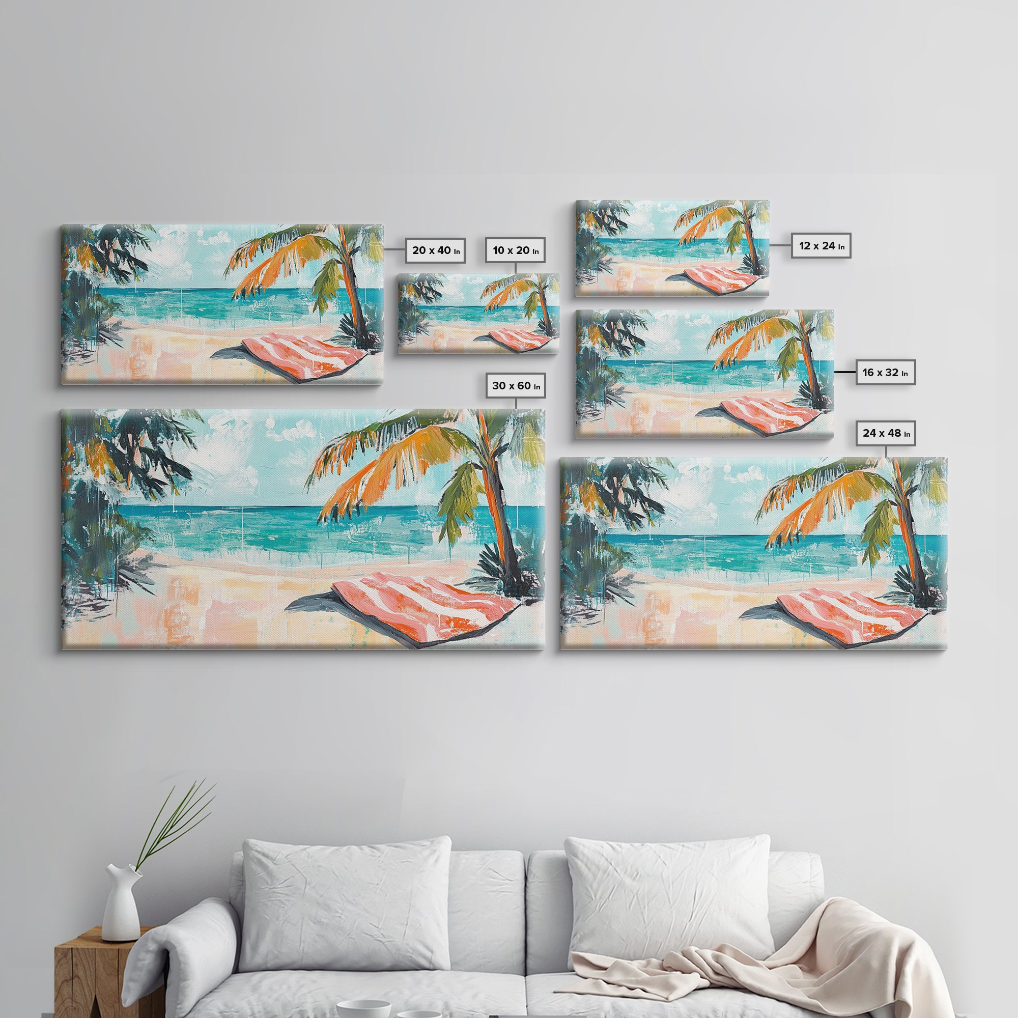 Palm Tree, Coastal Landscape Art, Tropical Beach Art, Nautical Decor, Ocean Painting, Framed Canvas Print, Extra Wide Art, Boho Art
