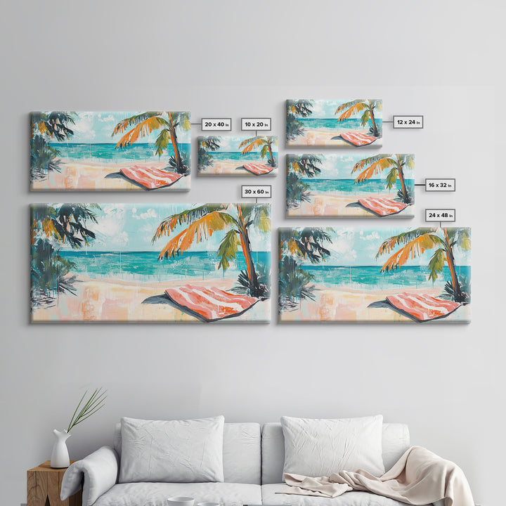 Palm Tree, Coastal Landscape Art, Tropical Beach Art, Nautical Decor, Ocean Painting, Framed Canvas Print, Extra Wide Art, Boho Art