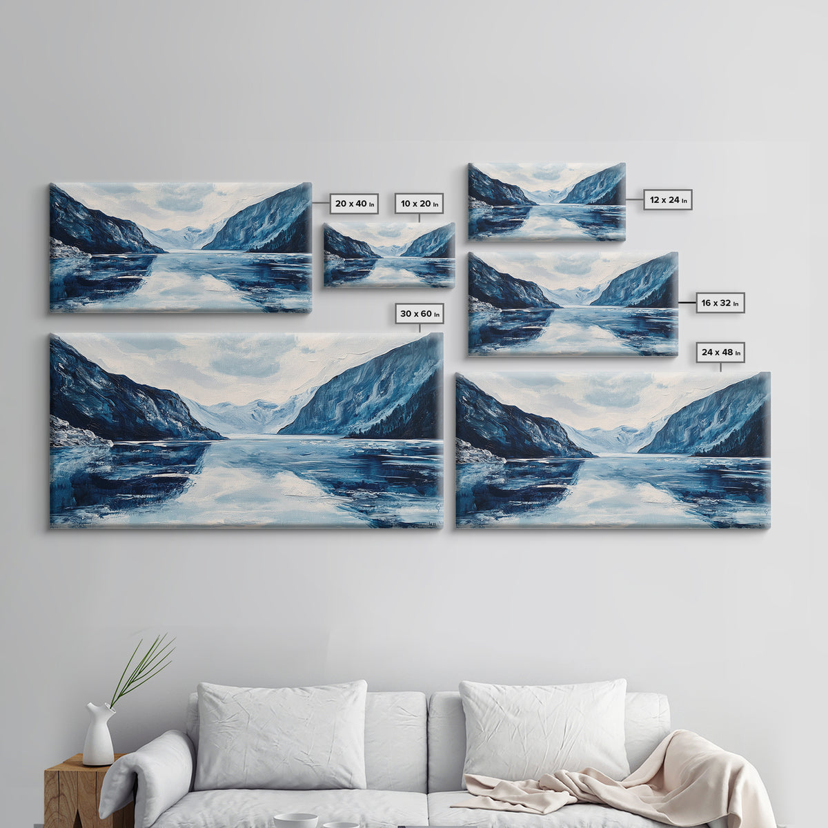 Blue and White Fjord, Lake Tahoe Art, Coastal Landscape Art, Extra Wide Art, Framed Canvas Print, Minimalist Art, Nautical Decor