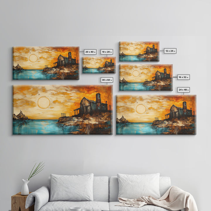 Rustic Barn, sunset painting, farmhouse art, rustic wall art, panoramic painting, framed canvas print, southwest wall art