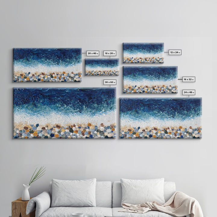 Pebble Beach, mosaic wall art, coastal decor, ocean painting, nautical decor, panoramic painting, framed canvas print