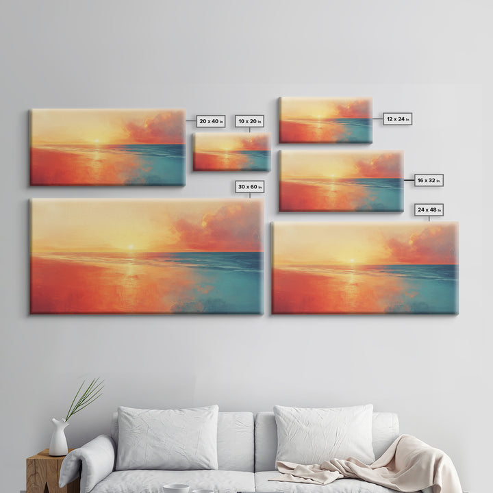 Sunset Ocean, pink orange wall art, coastal landscape art, moody art, extra wide art, panoramic painting, framed canvas print