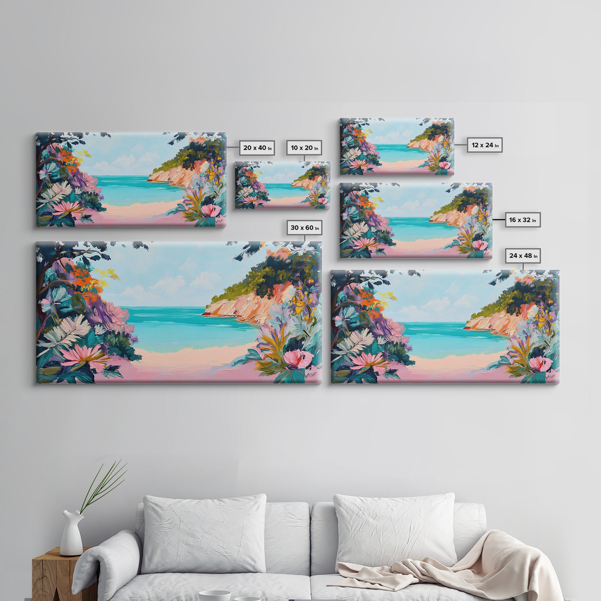 Tropical Beach, coastal wall art, Hawaii art, pink orange wall art, extra wide art, panoramic painting, framed canvas print