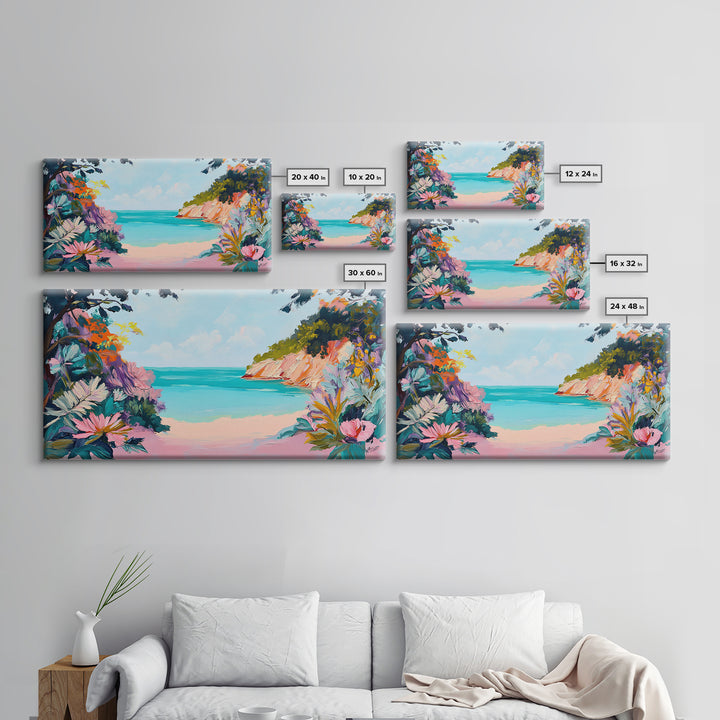 Tropical Beach, coastal wall art, Hawaii art, pink orange wall art, extra wide art, panoramic painting, framed canvas print