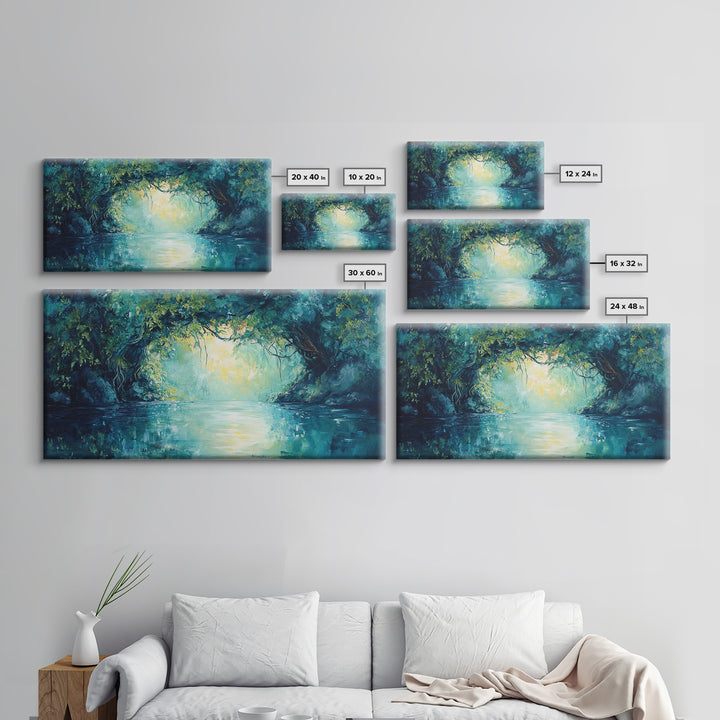 Mystical River, Framed Canvas Print, landscape painting, moody art, forest at dusk painting, teal wall art, extra wide art