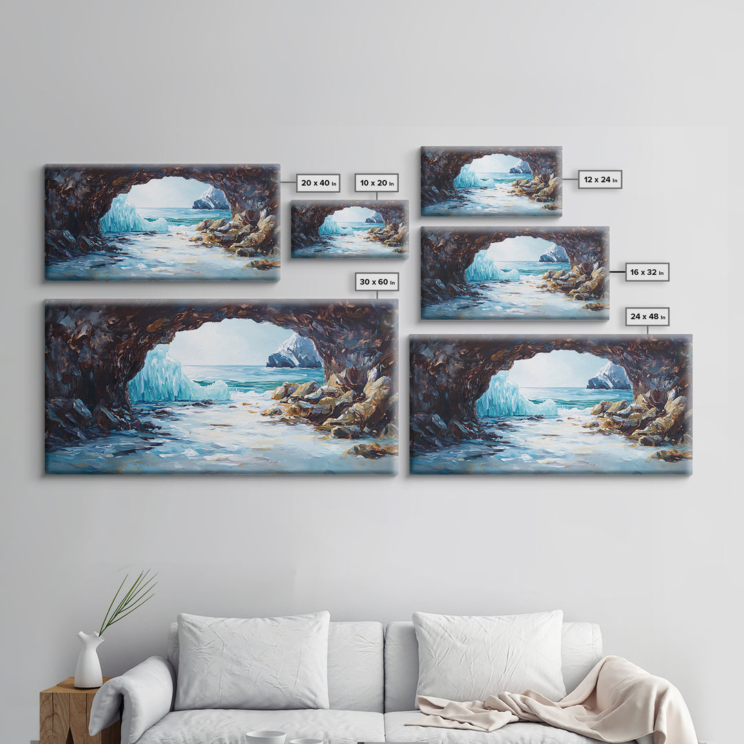 Coastal Ice Cave, Canvas Print, seascape painting, nautical decor, blue and green wall art, landscape painting, extra wide art