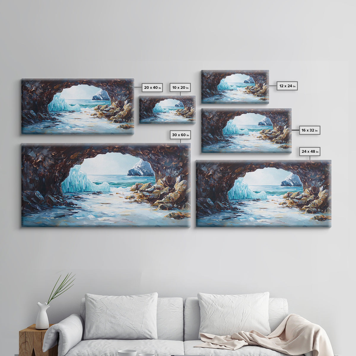 Coastal Ice Cave, Canvas Print, seascape painting, nautical decor, blue and green wall art, landscape painting, extra wide art