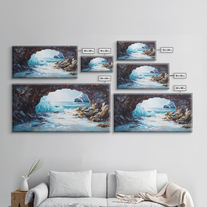 Coastal Ice Cave, Canvas Print, seascape painting, nautical decor, blue and green wall art, landscape painting, extra wide art