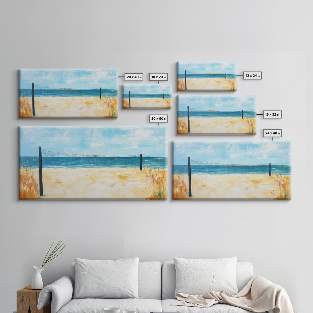 Beach Volleyball, Coastal Wall Art, Nautical Decor, Seascape Painting, Ocean Painting, Framed Canvas Print, Extra Wide Art, Boho Art