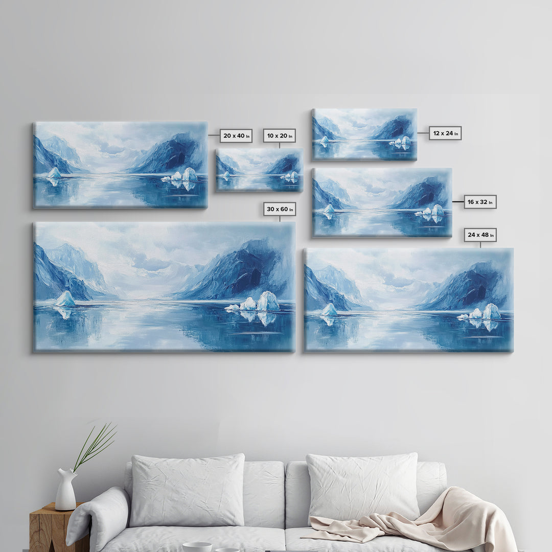 Arctic Reflections, Canvas Print, landscape painting, nautical painting, blue and green wall art, extra wide art, minimalist art