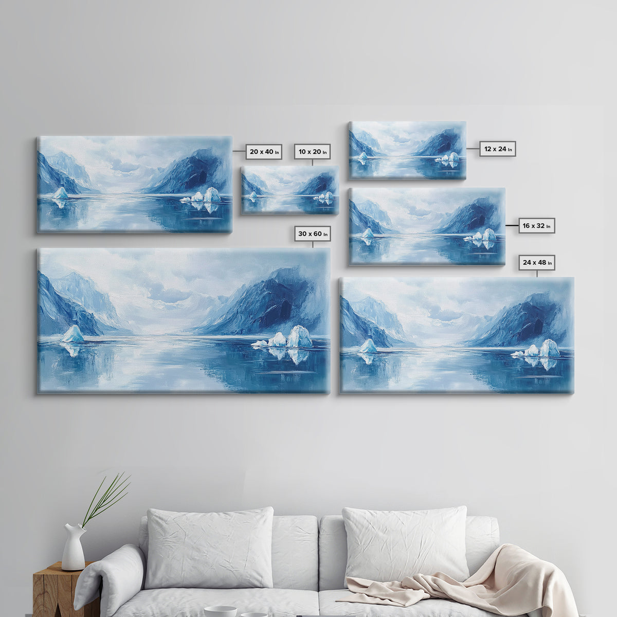 Arctic Reflections, Canvas Print, landscape painting, nautical painting, blue and green wall art, extra wide art, minimalist art