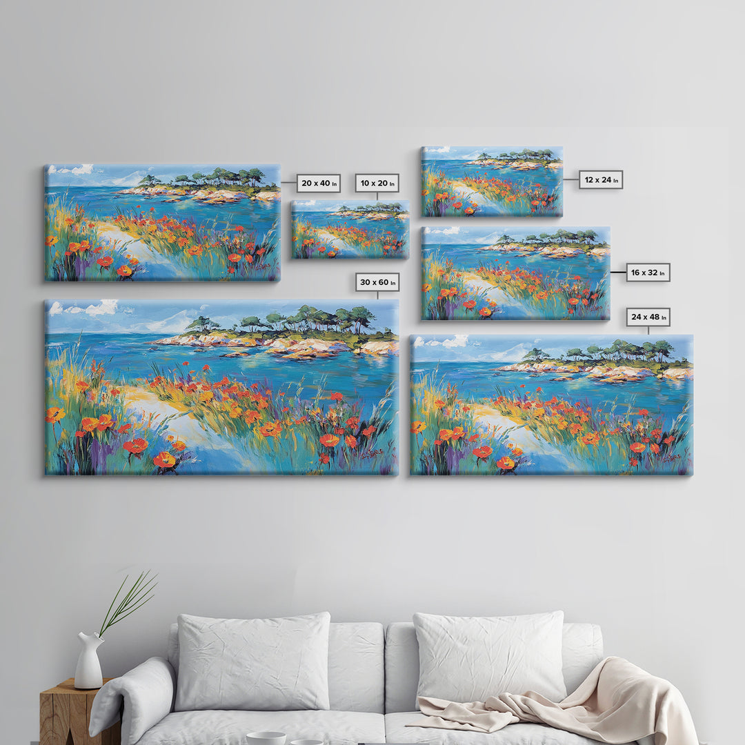 Coastal Poppies, Framed Canvas Print, California poppy art, coastal painting, wildflower painting, seascape art, above bed wall art