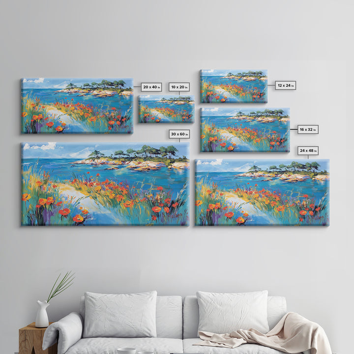 Coastal Poppies, Framed Canvas Print, California poppy art, coastal painting, wildflower painting, seascape art, above bed wall art