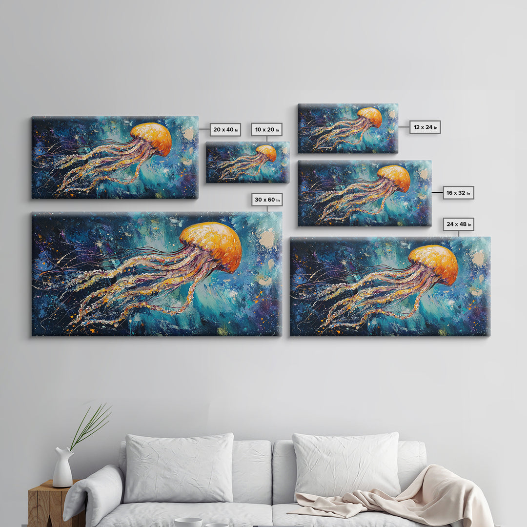 Cosmic Jellyfish, Canvas Print, ocean art, octopus art, dolphin painting, extra wide art, dark romance painting, coastal wall art