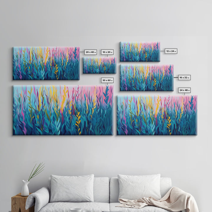 Abstract Seaweed, Framed Canvas Print, ocean art, botanical prints, teal wall art, pink abstract art, extra wide art, coastal decor