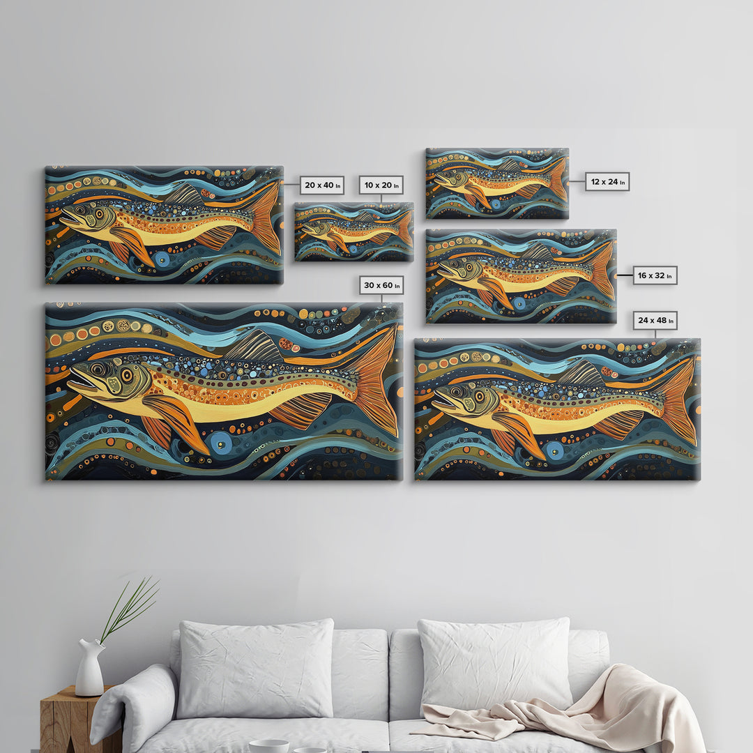 Abstract Trout Art, Fly Fishing Art, Rustic Wall Art, Whimsical Art, Framed Canvas Print, Tall Narrow Art, Living Room Art
