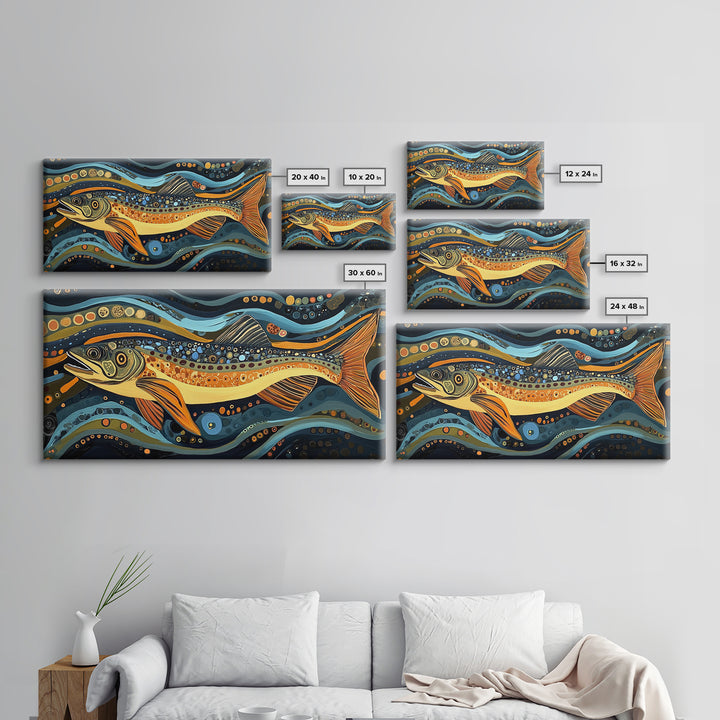 Abstract Trout Art, Fly Fishing Art, Rustic Wall Art, Whimsical Art, Framed Canvas Print, Tall Narrow Art, Living Room Art