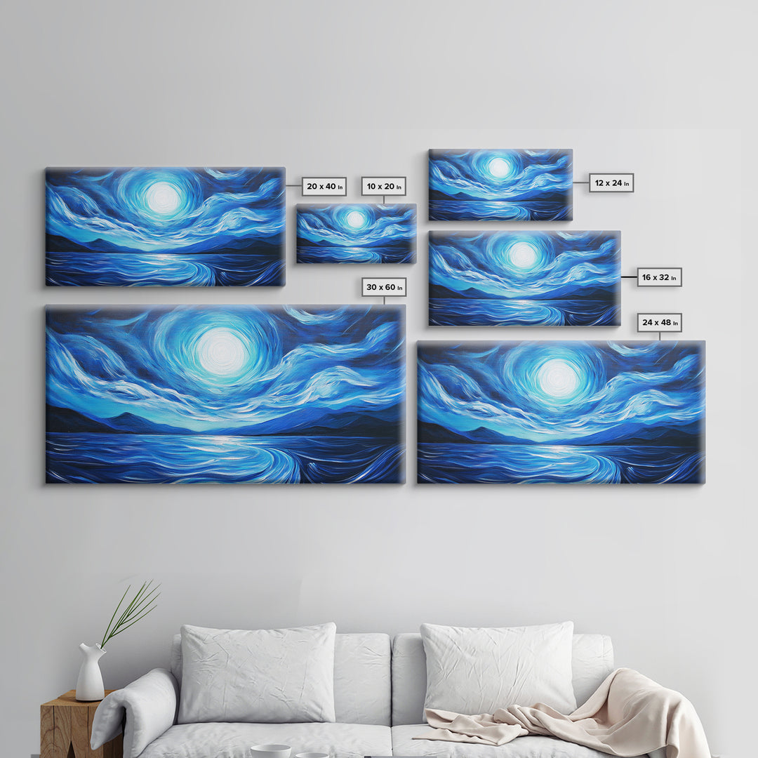 Blue Moon Painting, Moody Art, Nautical Wall Art, Coastal Painting, Framed Canvas Print, Above Couch Art, Extra Wide Art