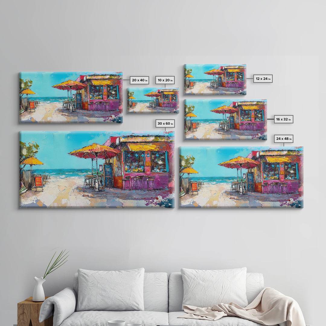 Beach Bar, Coastal Landscape Art, Tropical Art, Nautical Wall Art, Ocean Painting, Extra Wide Art, Framed Canvas Print, Rustic Wall Art