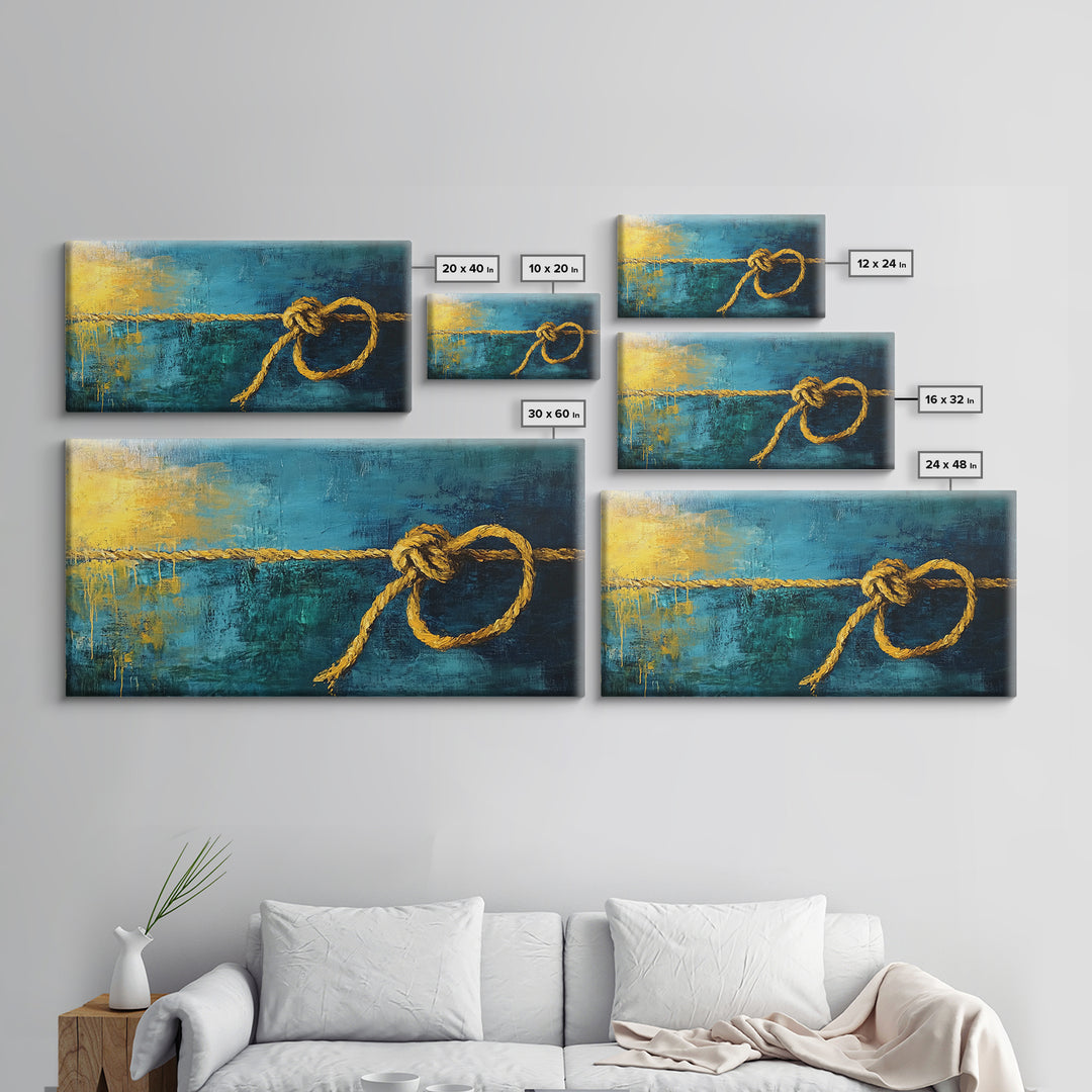 Nautical Knot, coastal wall art, rustic decor, blue and green wall art, ocean painting, framed canvas print, extra wide art