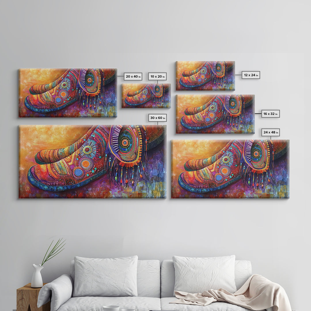 Bohemian Shoes, Moroccan Wall Art, Boho Art, Chinoiserie Wall Art, Extra Wide Art, Framed Canvas Print, Whimsical Art, Rustic Decor