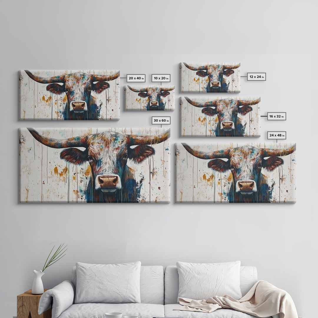 Bull Portrait, rustic decor, farmhouse art, bull and bear art, southwestern wall art, moody art, canvas print, extra wide art