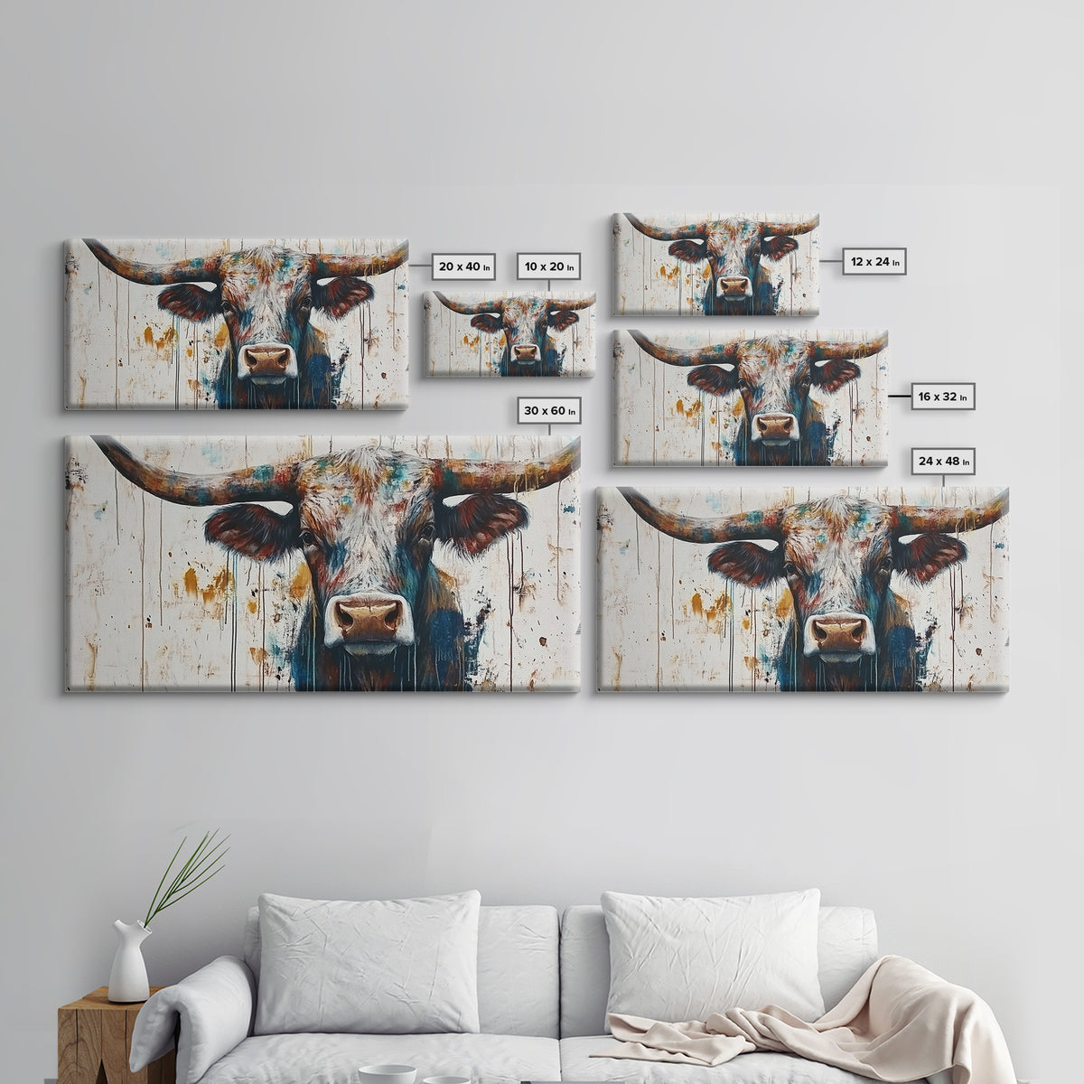 Bull Portrait, rustic decor, farmhouse art, bull and bear art, southwestern wall art, moody art, canvas print, extra wide art