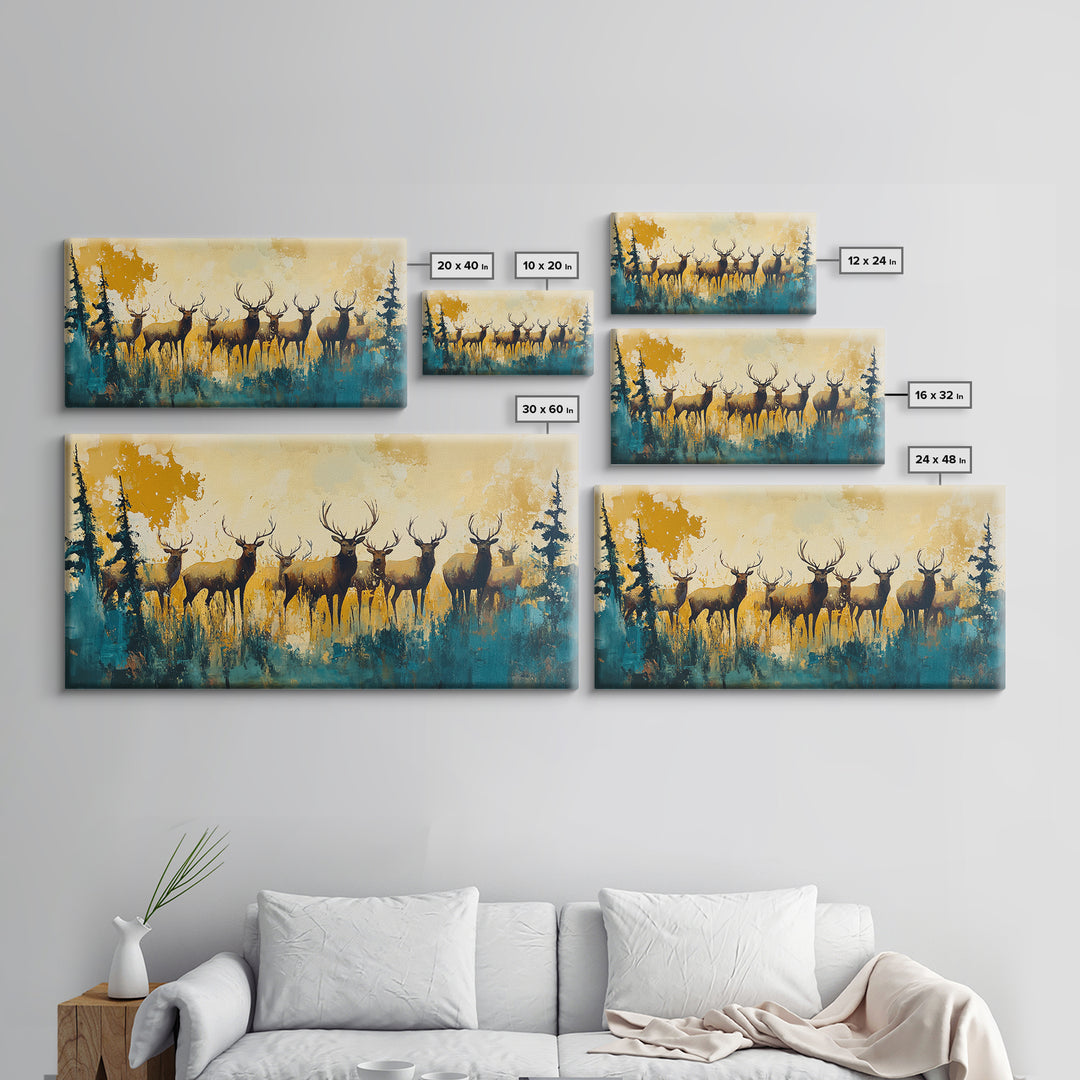 Deer Herd Painting, rustic wall art, farmhouse art, wildlife painting, nature painting, framed canvas print, woodland decor