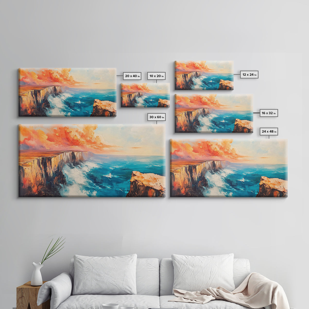 Coastal Cliffs Painting, landscape painting, seascape painting, blue and green wall art, framed canvas print, nautical wall art