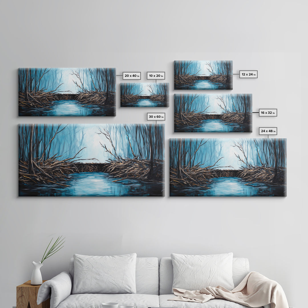 Beavers, river, landscape painting, extra wide art, panoramic painting, moody art, framed canvas print, rustic wall art, bedroom art