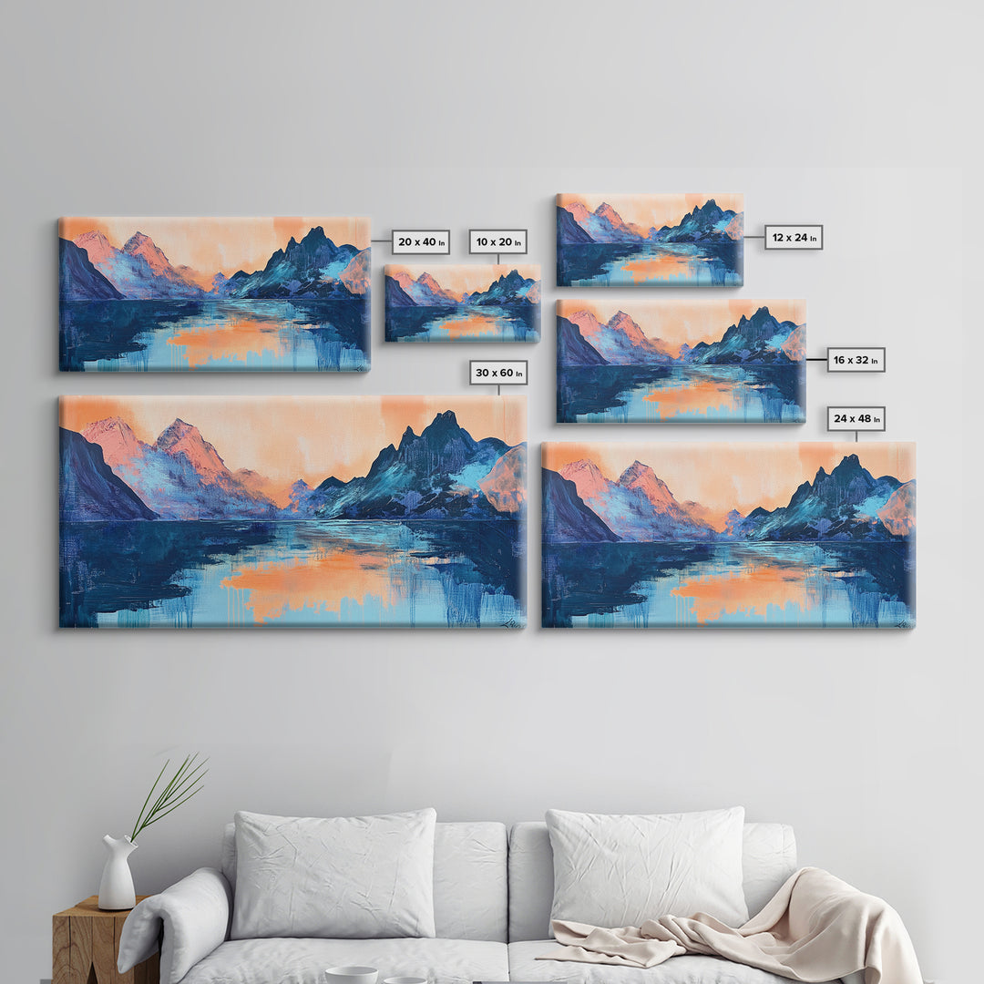 Twilight Peaks, pink orange wall art, framed canvas print, panoramic painting, above sofa art, extra wide art, landscape painting