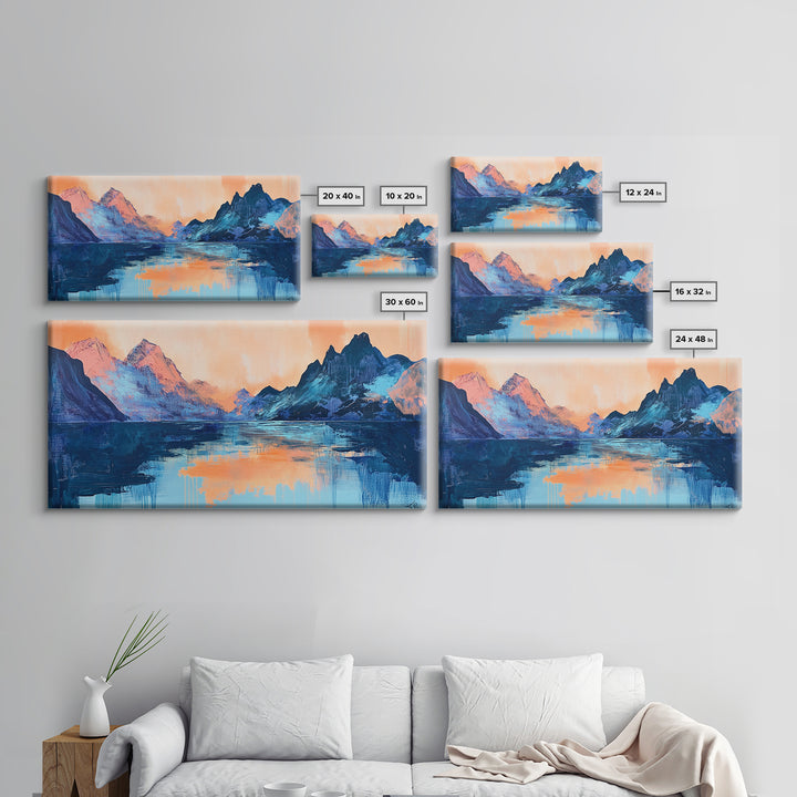 Twilight Peaks, pink orange wall art, framed canvas print, panoramic painting, above sofa art, extra wide art, landscape painting