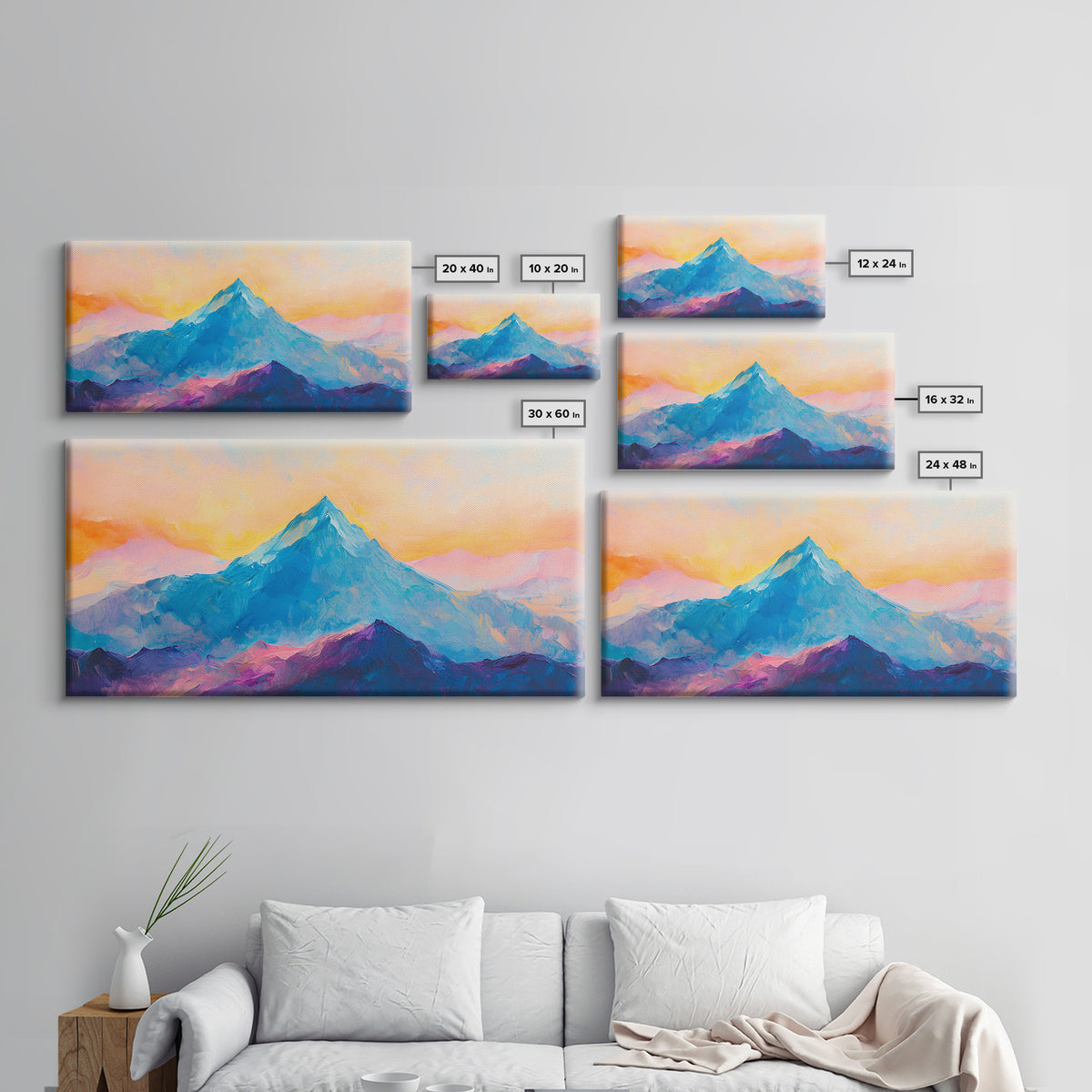 Blue Mountain, Sunset Landscape, Panoramic Art, Canvas Print, Mountain Painting, Pink Orange Wall Art, Extra Wide Art, Living Room Art