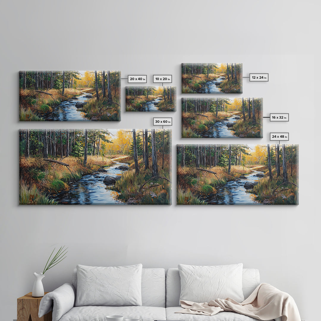 Autumn Forest, Creek Painting, Panoramic Art, Framed Canvas Print, Pine Tree Art, Rustic Wall Art, Extra Wide Art, Fall Landscape Painting