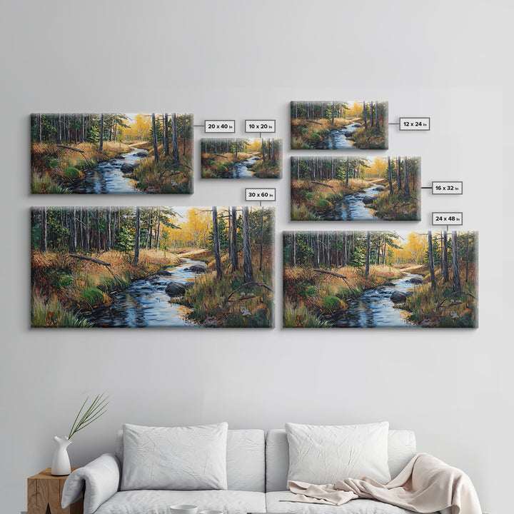 Autumn Forest, Creek Painting, Panoramic Art, Framed Canvas Print, Pine Tree Art, Rustic Wall Art, Extra Wide Art, Fall Landscape Painting