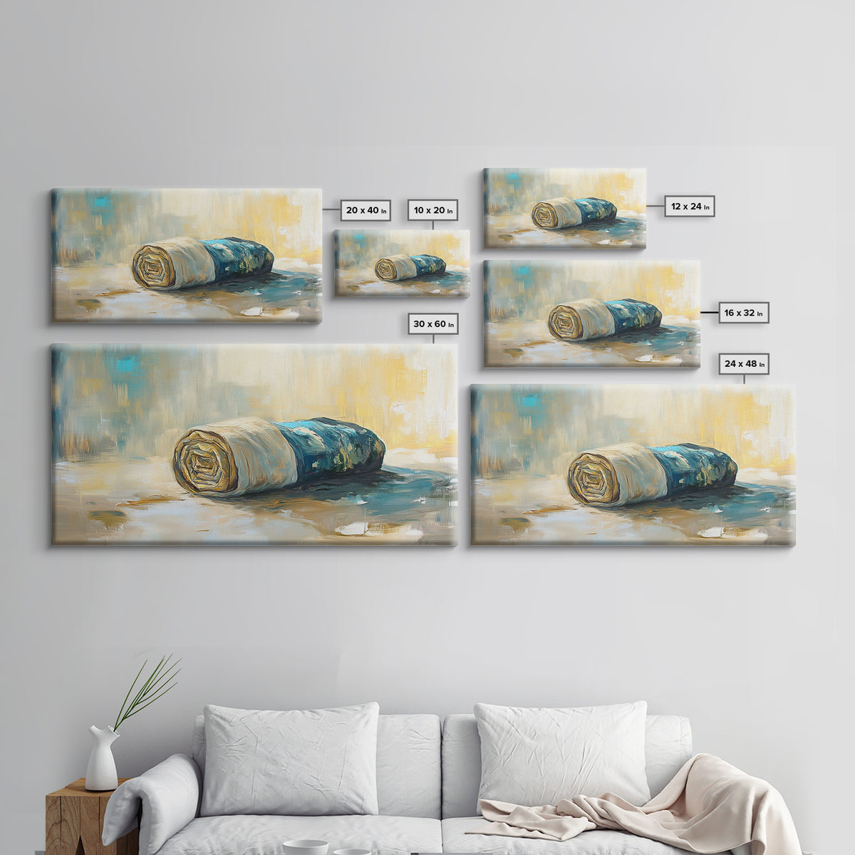 Rolled fabric, oil painting from photo, rustic decor, farmhouse art, wabi sabi art, framed canvas print, horizontal wall art, gift idea