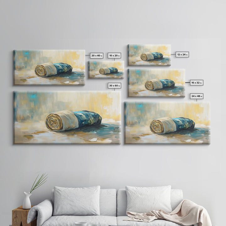 Rolled fabric, oil painting from photo, rustic decor, farmhouse art, wabi sabi art, framed canvas print, horizontal wall art, gift idea