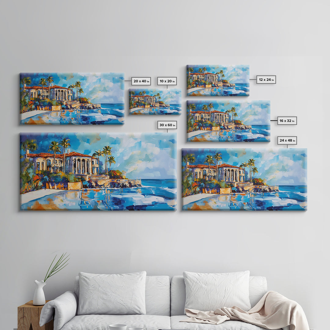 Coastal Mansion, Palm Trees, Panoramic Art, Framed Canvas Print, Coastal Landscape Art, Tropical Decor, Extra Wide Art, Living Room Art