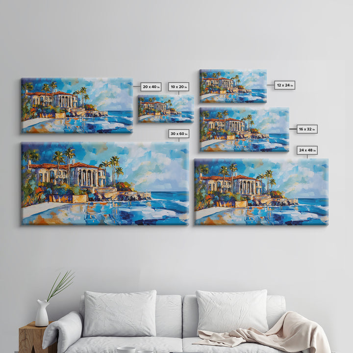 Coastal Mansion, Palm Trees, Panoramic Art, Framed Canvas Print, Coastal Landscape Art, Tropical Decor, Extra Wide Art, Living Room Art