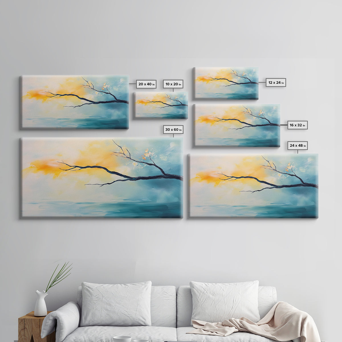 Cherry blossom painting, coastal decor, framed canvas print, minimalist art, abstract landscape, extra wide art, horizontal wall art